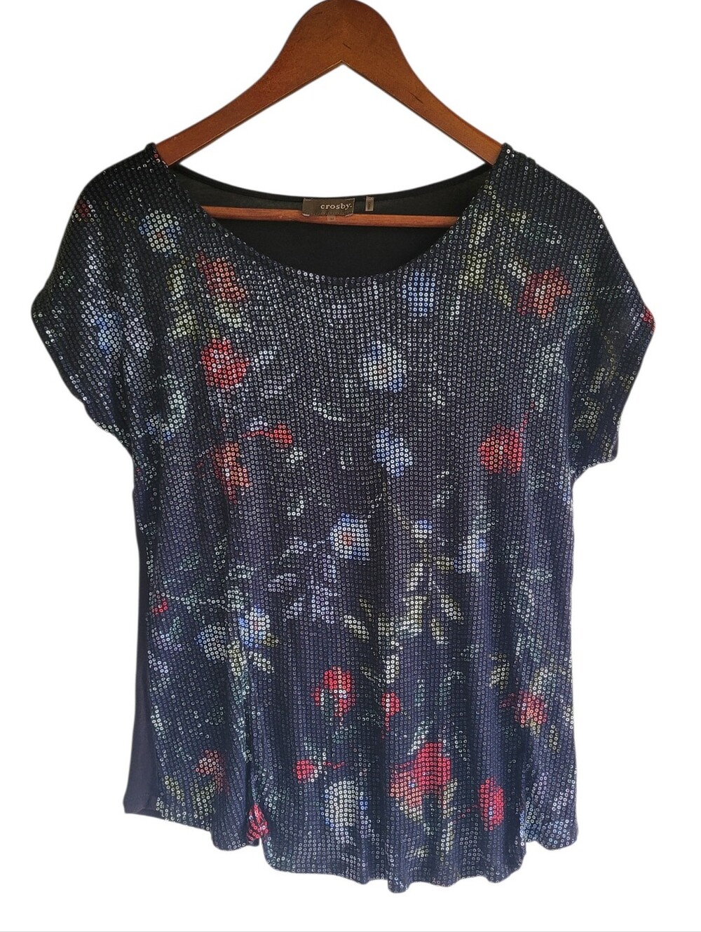 Crosby Sequined Floral Short Sleeve Top Black Womens Medium